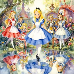 a beautiful insanely intricate watercolor painting of alice in wonderland, reflexions, colorfull, by william turner art, by greg rutkowski, by james jean, by rossdraws, by frank franzzeta, by sakimichan, trending on artstation, insanely detailed, masterpiece,