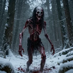 horrifying digital art of a blood soaked skinwalker, lanky, skinny, pale skin, snow, forest, dark, horrifying