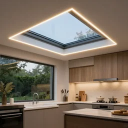 kitchen skylight led strip lighting, realistic, wide shot, octane render, house and home, home and garden, hyper realistic, high quality, highly detailed, hd, beautiful, cinematic, 8 k, unreal engine,