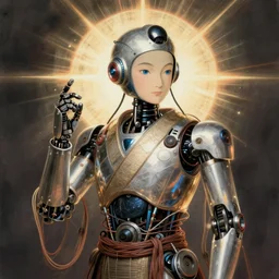 Hiroshige portrait of a robot saint made of cables and robotic pod by Claudio Mazzoli