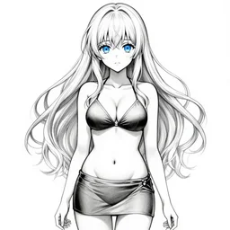 a very beautiful young anime girl, full body, long wavy blond hair, sky blue eyes, full round face, bikini, miniskirt, front view, mid - shot, highly detailed, black and white manga drawing