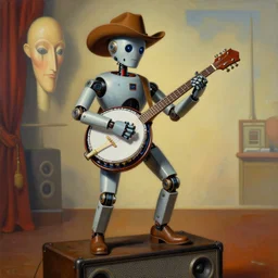 country bumpkin robot, playing a banjo, standing on a speaker, high detail, style of salvador dali, painting by rene magritte, trending on artstation, cyberpunk, style of michael cheval, hyper realistic, s, 8 k