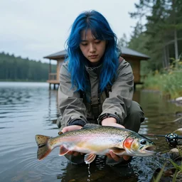 flux pavilion fishing for trout in a beautiful lake, cinematic composition, sharp focus, highly detailed, blue hair