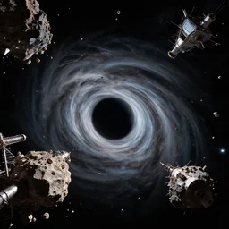 huge chunks of space debris, ancient space station, space constructions and asteroid stations revolving around compact black hole forming a tilted vortex in black starless space, dramatic light