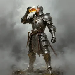 hollow warrior drinks beer, beer, glass, beer mug in hand, intricate, triumphantly, foggy background, full body art, dark souls, drawing, concept art, artstation, digital painting