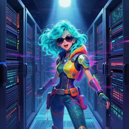 an angelic hacker with wavy turquoise hair in vast cyberspace glitching through a vulnerable server, wearing sunglasses, futuristic clothes, vibrant colors, rule of thirds, spotlight, drips of paint, expressive, passionate, by greg rutkowski, by jeremy mann, by francoise nielly, by van gogh, digital painting