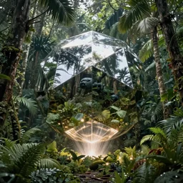 peter tarka, minimalistic, hyperrealistic surrealism, award winning masterpiece with incredible details, epic stunning, a highly reflective chrome octahedron with lights coming out of the bottom in the middle of a tropical rainforest, alien structure, highly detailed, trending on ArtStation, artgerm and greg rutkowski and alphonse mucha, daily deviation, IAMAG