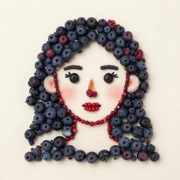 a portrait made out of wild forrest berries of halle berry