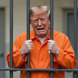 donald trump wearing orange prison jumpsuit, locked behind bars, crying and whining, bald.