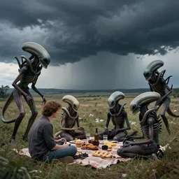 agate, still frame from'venus xenomorphs picnic in storm'movie by rembrandt, xenomorphs in stormy venus landscape by malczewski, rural xenomorphs on landscape by jakub rozalski, xenomorphs on picnic by giger