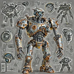 a digital art portrait of post apocalyptic warhammer robot by Simon Stalenhag, rusty scrap four arms android character design, character sheet, 4k, ultra detail, volumetric lighting, unreal engine, octane render