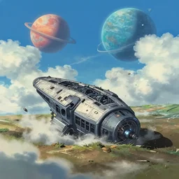 a spaceship crashed into a foreign planet. The spaceship is buried in the ground. anime clouds. in the style of digital art, artstation trending, rossdraws, breath of the wild, Makoto Shinkai, ghibli