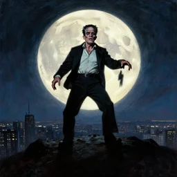 boris karloff as the monster from the movie frankenstein ( 1 9 3 1 ) is standing on a giant hill, new york panorama in far background, powerful pose, scary, horror, deep night, giant oversized moon backlighting, dramatic sky, shadows on side, cinematic, side light, backlighting, oil painting by frazetta