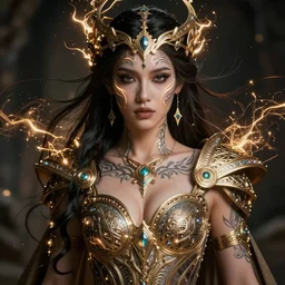 portrait of the beautiful celtic queen with sexy neckline and with war face painting in the style of luis royo and in the style of wayne barlowe. glowing, ornate and intricate, stunning, dynamic lighting, intricate and detailed.