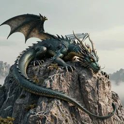 Dragon sleeping on top of a mountain, hd, intricate, 8k, award winning photograph, hyperrealism, national geographic