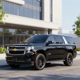 a black suv inspired by a 2 0 2 2 chevrolet suburban and 2 0 2 2 ford expedition parked in front of an office building, a digital rendering by the family circus, trending on cg society, regionalism, ue 5, rendered in unreal engine, ultrafine detail