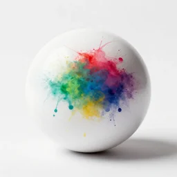 a white ball partially covered in cmyk colored ink splats