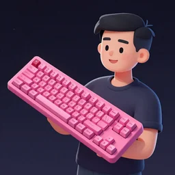 a cartoon of a man holding a pink keyboard, cyberpunk art by Jamie Hewlett, tumblr contest winner, funk art, synthwave, retrowave, vaporwave