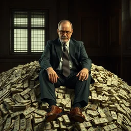full body portrait of viktor orban sitting on a huge pile of money, movie still from breaking bad, hyper realistic,
