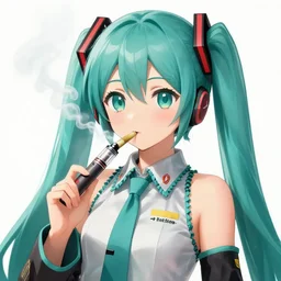 hatsune miku smoking weed with a vape pen, smoke coming out of her mouth, bloodshot eyes, artstation, 4 k