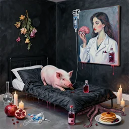 bedroom with black dripping walls and a futon, a piglet, berry juice, dripping, a sensual portrait of a female pathologist holding a brain, intravenous drip, wilted flowers, pomegranate, candles, octopus, pancakes, berries, surgical supplies, scientific glassware, candles, neo - expressionism, surrealism, acrylic and spray paint and oilstick on canvas