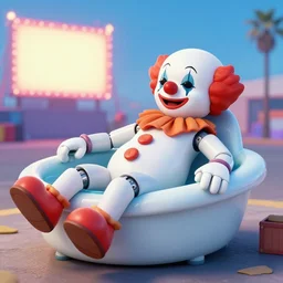 robot clown relaxing at a california drive in, in 2 0 1 2, cutecore clowncore, bathed in the the glow of the sunset, low - light photograph, in style of tyler mitchell