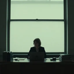 photo of a large window behind a woman seated at a desk, tim hildebrandt, by wayne barlowe, trending on artstation, cinematic composition, simple detail. greenish lighting,