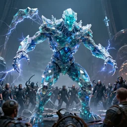 tourmaline by jakub rozalski, chaos golem still frame from mcu movie, nuclear crystal construct from kubrick movie, tourmaline golem fighting vast army by jakub rozalski, tourmaline lightning elemental from benicio del toro movie