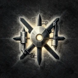 a company logo, concept art, stylized, symmetrical, illuminated lighting, neural network design, robotics, programming, industrial, texture, manufacturing, single logo, centered, symbol, shaded, dark shadows, dynamic lighting, watercolor paint, rough paper texture, dark background, dark mode, 4 k, pencil marks