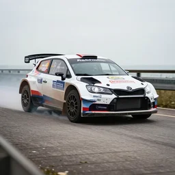 rally car driving on a boardwalk, high - speed sports photography, soft lighting