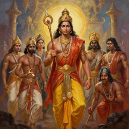 an epic cinematic scene from Ramayan, by Marvel Studios, oil on canvas, trending on ArtStation, detailed, 8K, HDR, HD,