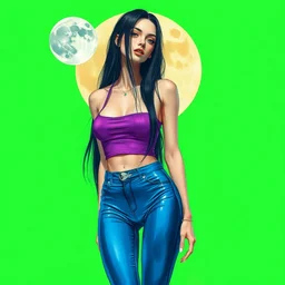 longest black hair, blue latex pants, purple croptop, two moons, acid green background. highly detailed, digital painting, watercolor, realism, engraving, artstation, concept art, smooth, sharp focus, vivid grunge, manga, illustration, unreal engine 5, 8 k, art by bilibin and kilian eng and kuvshinov and malevich and mucha