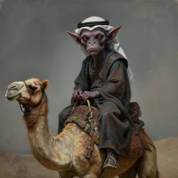 cinematic bust portrait of psychedelic goblin riding a camel dressed like a modern arab from left, head and chest only, dark fantasy fetures, desaturated, tim hildebrandt, wayne barlowe, bruce pennington, donato giancola, larry elmore, oil on canvas, masterpiece, trending on artstation, featured on pixiv, cinematic composition, dramatic pose, beautiful lighting, sharp, details, hyper - detailed, hd, hdr, 4 k, 8 k