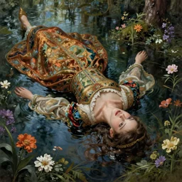 artistic painting, medieval princess, ophelia, wearing ornate robes, beautiful eyes and lips, drowned, floating flat on her back in a forest pond, flowers, art by artgerm and wlop and brom, highly detailed, 8 k, cinematic, digital painting, sharp focus, illustration, masterpiece