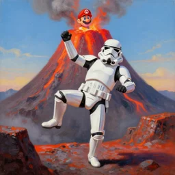 an imperial stormtrooper dancing with super mario in a volcano, realistic painting
