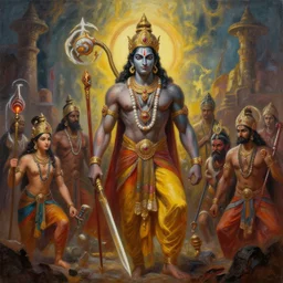 an epic cinematic scene from Ramayan, by H R Giger, oil on canvas, super detailed, HDR, HD, 4K, 8K, trending on ArtStation concept art.