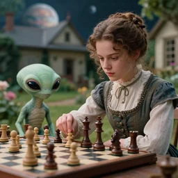 detailed, sharp, a girl playing chess with her cute pet humanoid alien creature, wearing 1860s era clothes, in the garden of a house on an alien planet, extremely highly detailed, in focus faces, 70 mm film still from a period sci fi color movie, 4k, HD, cinematic lighting