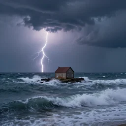 a lonely house in the middle of the sea, the waves crashing, an electric storm. soft light, hyper realistic, dramatic, by aivazovsky
