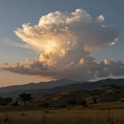 photorealistic image sunlit cumulonimbus clouds approach over background mountains towards a hilly, grassy field with sparse trees at sunset, very detailed, influence of eyvind earle