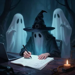 ghosts using witchcraft to do their math homework, dark, shadowy