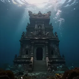 full color, wide shot of submerged pre - incan temple, dark, underwater, symmetrical, crepuscular rays, bubbles, abyss, grenada underwater sculpture park, anime style mixed with fujifilm, very dark, murky, foggy, atmospheric, artstation, cgsociety, octane render, cgi, unreal engine 5, denoise, detailed, cinematic masterpiece