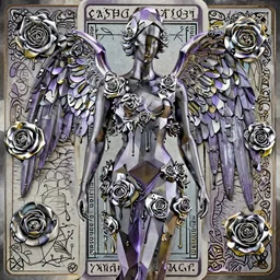 a beautiful purple and black 3 d geometrically printed mannequin with angel wings!! in the style of a geisha demon, chrome roses!! dripping black iridescent liquid, winged victory, moody, dramatic, introspective, 4 k, trending on artstation, photorealistic, volumetric lighting, octane render, tarot card with ornate border frame h - 1 0 2 4
