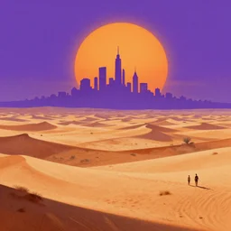 science fiction pc game point - and - click adventure, daedalic entertainment, desert with city in the skyline, two suns, purple orange colors, sharp focus, illustration, highly detailed, digital painting, concept art, matte, art by wlop and artgerm and greg rutkowski and alphonse mucha, masterpiece