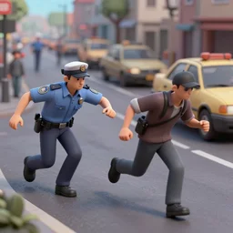 a cop chasing a robber at a busy street, lowbrow, matte painting, 3 - d highly detailed