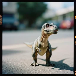 kodak portra 4 0 0, wetplate, 5 0 mm leica summicron f 1. 2, award - winning colour portrait by britt marling : sunlit view of a tiny gray dinosaur standing in the street
