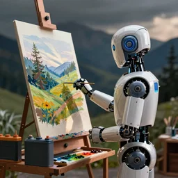 A robot with paint at an easel painting but its batteries wore out