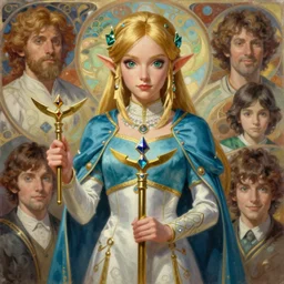 hyperdetailed oil portrait of princess zelda holding the triforce. by greg rutkowski, highly detailed, digital painting, artstation, smooth, sharp focus illustration, artstation hq. intricate, elegant. art by wlop and artgerm and greg rutkowski, alphonse mucha, medium shot. dan mumford, tomokazu matsuyama, takato yamamoto