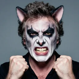angry Mauricio Macri showing teeth in Elaborate Cat Man Makeup and prosthetics designed by Rick Baker, Hyperreal, Head Shots Photographed in the Style of Annie Leibovitz, Studio Lighting