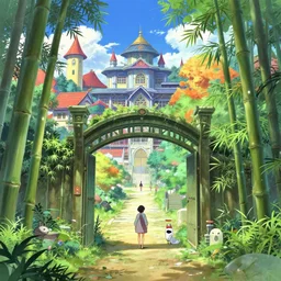 an interdimensional gate in the courtyard of a colorful kitsune wizard college, anime movie background, key visual, bamboo, a fantasy digital painting by makoto shinkai and james gurney, trending on artstation, highly detailed