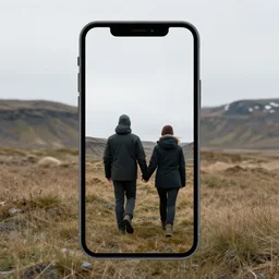 Man and woman walking together, holding hands, Iceland landscape, phone photo, 12mpx